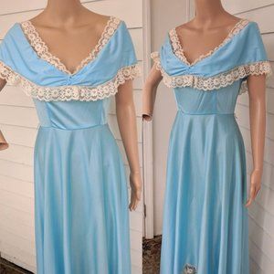 Vintage 70s Blue Lace Dress Maxi Formal Gown Blue Maxi Dress with Lace Trim